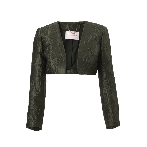 Floral Cloque Lurex Jacquard Bolero Jacket in Forest Green
