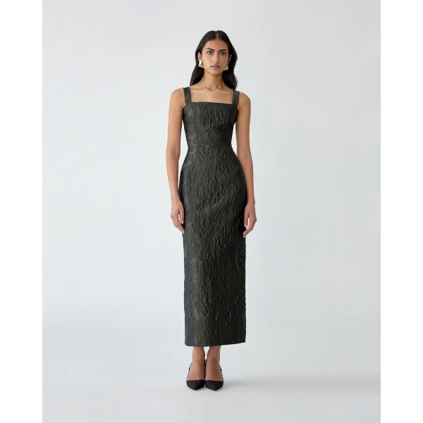 Carolina Herrera Floral Cloque Lurex Jacquard Column Dress in Forest Green, view 2