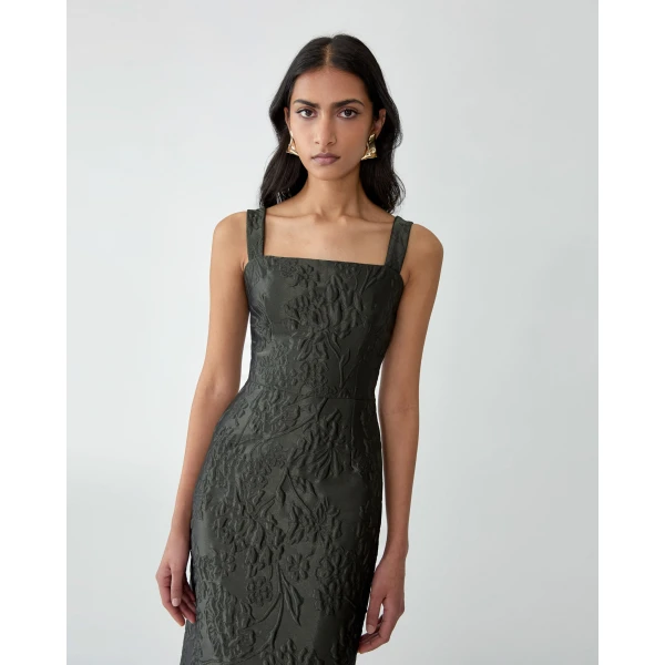Carolina Herrera Floral Cloque Lurex Jacquard Column Dress in Forest Green, view 4