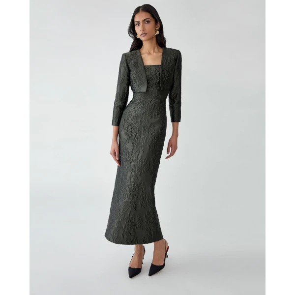 Carolina Herrera Floral Cloque Lurex Jacquard Column Dress in Forest Green, view 5