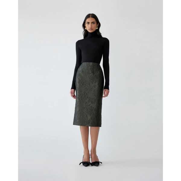 Carolina Herrera Floral Cloque Lurex Jacquard Pencil Skirt in Forest Green, view 2
