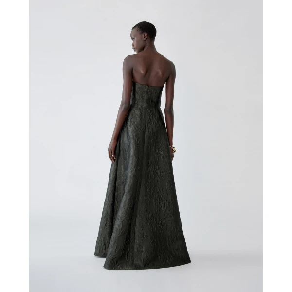 Carolina Herrera Floral Cloque Lurex Jacquard Strapless Gown in Forest Green, view 3