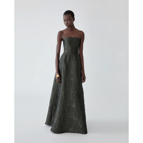 Carolina Herrera Floral Cloque Lurex Jacquard Strapless Gown in Forest Green, view 4