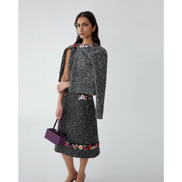 Carolina Herrera Floral-Embroidered Bouclé Cardigan, view 4