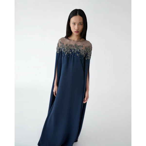 Carolina Herrera Floral-Embroidered Caftan in Midnight, view 4