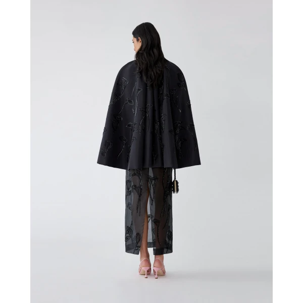 Carolina Herrera Floral-Embroidered Cape in Black, view 3