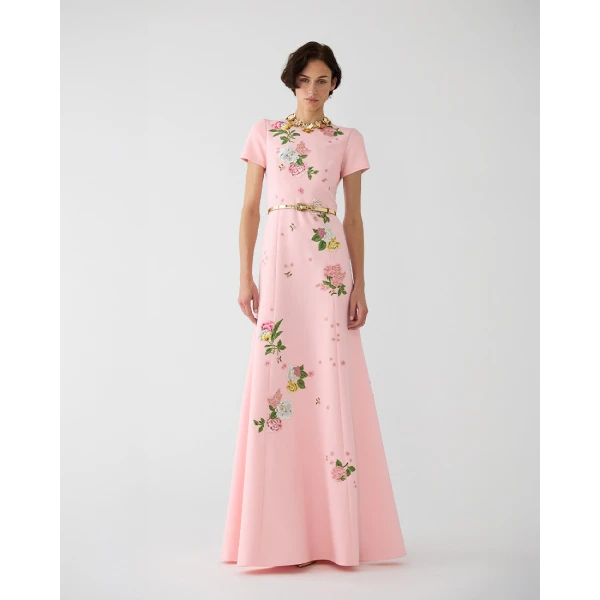 Carolina Herrera Floral-Embroidered Crepe Gown in Rosewater, view 2