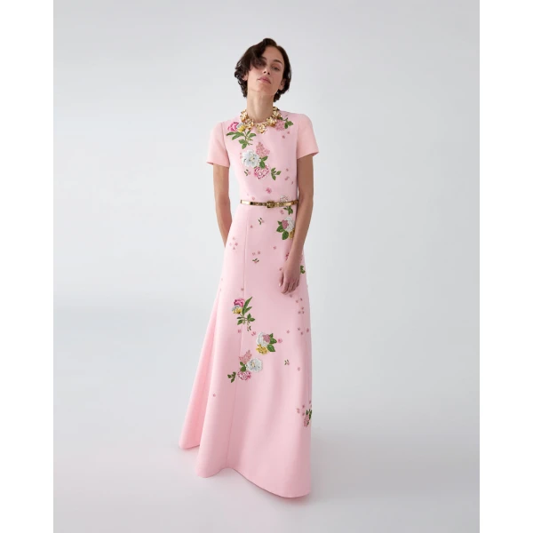 Carolina Herrera Floral-Embroidered Crepe Gown in Rosewater, view 4