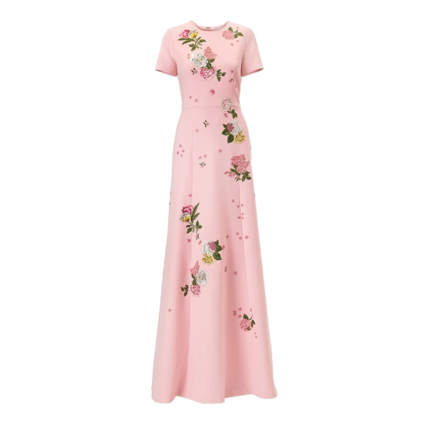 Floral-Embroidered Crepe Gown in Rosewater