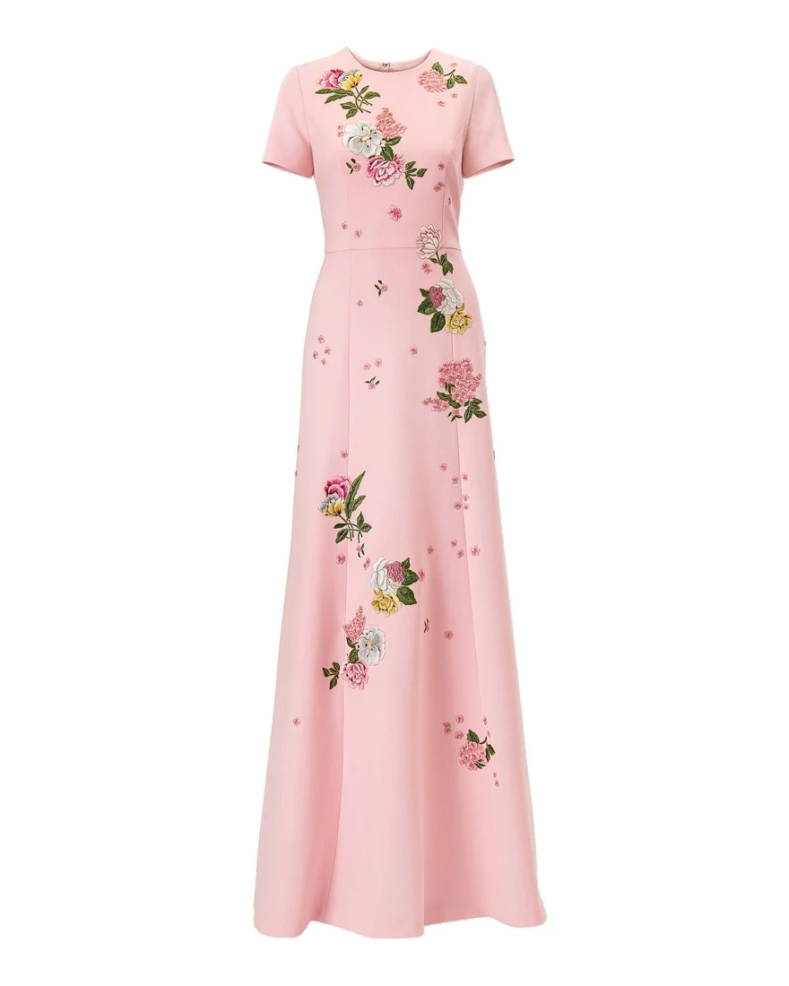 Carolina Herrera Floral-Embroidered Crepe Gown in Rosewater | Dresses | Luxury Shoes Carolina Herrera Floral-Embroidered Crepe Gown in Rosewater