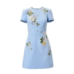Carolina Herrera Floral-Embroidered Crepe Mini Dress in Cloudy Blue