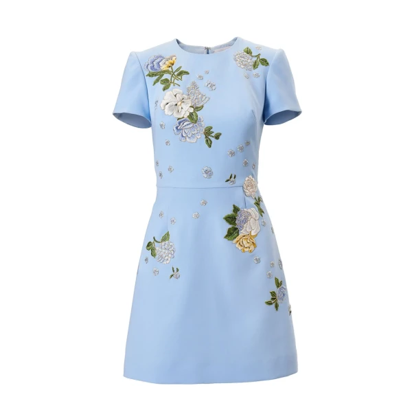 Floral-Embroidered Crepe Mini Dress in Cloudy Blue
