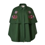 Carolina Herrera Floral-Embroidered Gabardine Cape in Racing Green