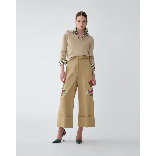 Carolina Herrera Floral-Embroidered Gabardine Cropped Wide Leg Pants, view 2