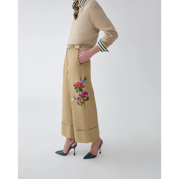 Carolina Herrera Floral-Embroidered Gabardine Cropped Wide Leg Pants, view 4