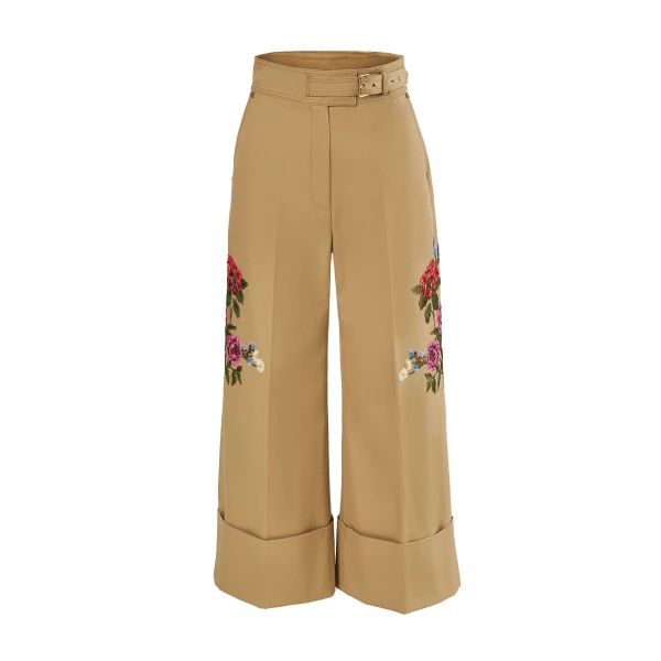 Carolina Herrera Floral-Embroidered Gabardine Cropped Wide Leg Pants