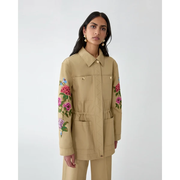 Carolina Herrera Floral-Embroidered Gabardine Jacket, view 4