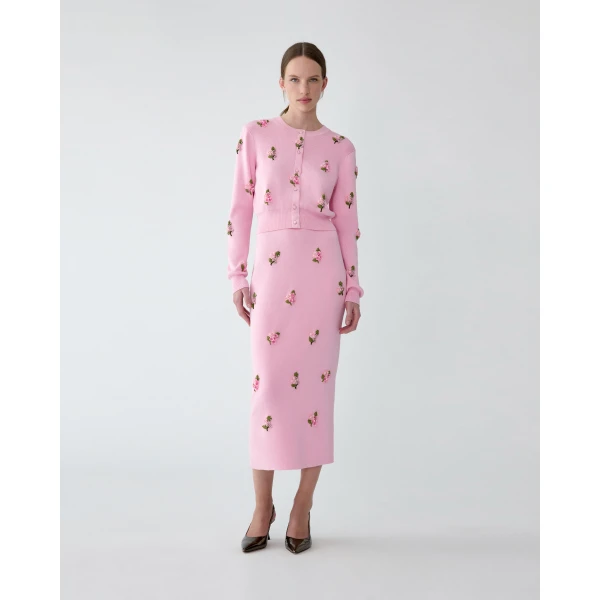 Carolina Herrera Floral-Embroidered Knit Pencil Skirt in Rosewater, view 2