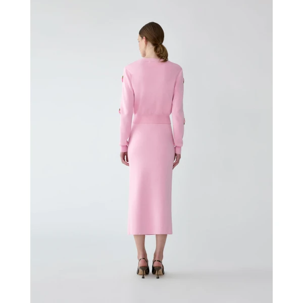 Carolina Herrera Floral-Embroidered Knit Pencil Skirt in Rosewater, view 3
