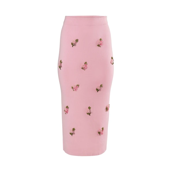 Floral-Embroidered Knit Pencil Skirt in Rosewater
