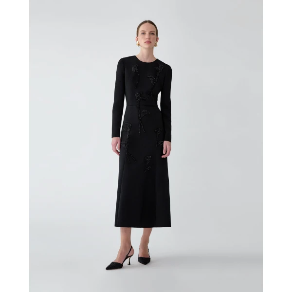 Carolina Herrera Floral-Embroidered Midi Dress in Black, view 2
