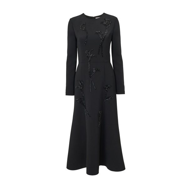 Carolina Herrera Floral-Embroidered Midi Dress in Black