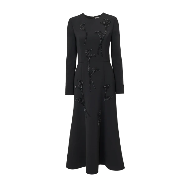 Carolina Herrera Floral-Embroidered Midi Dress in Black
