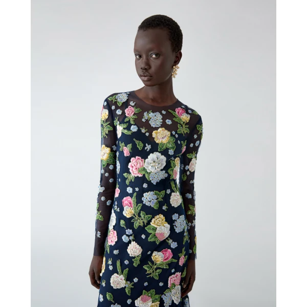 Carolina Herrera Floral-Embroidered Midi Dress in Midnight, view 4