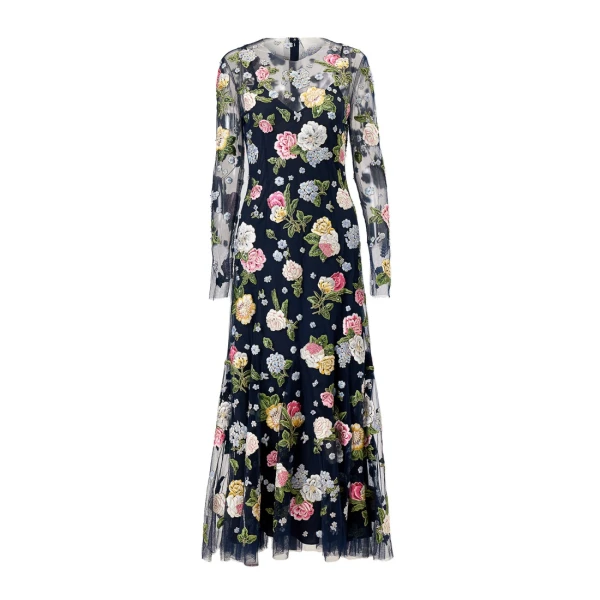 Carolina Herrera Floral-Embroidered Midi Dress in Midnight