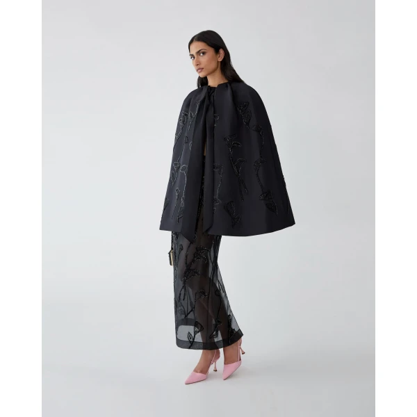 Carolina Herrera Floral-Embroidered Organza Column Skirt in Black, view 4