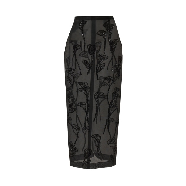Carolina Herrera Floral-Embroidered Organza Column Skirt in Black