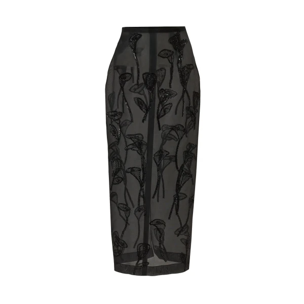 Floral-Embroidered Organza Column Skirt in Black