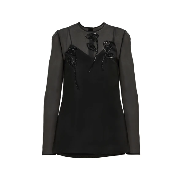 Carolina Herrera Floral-Embroidered Organza Top in Black