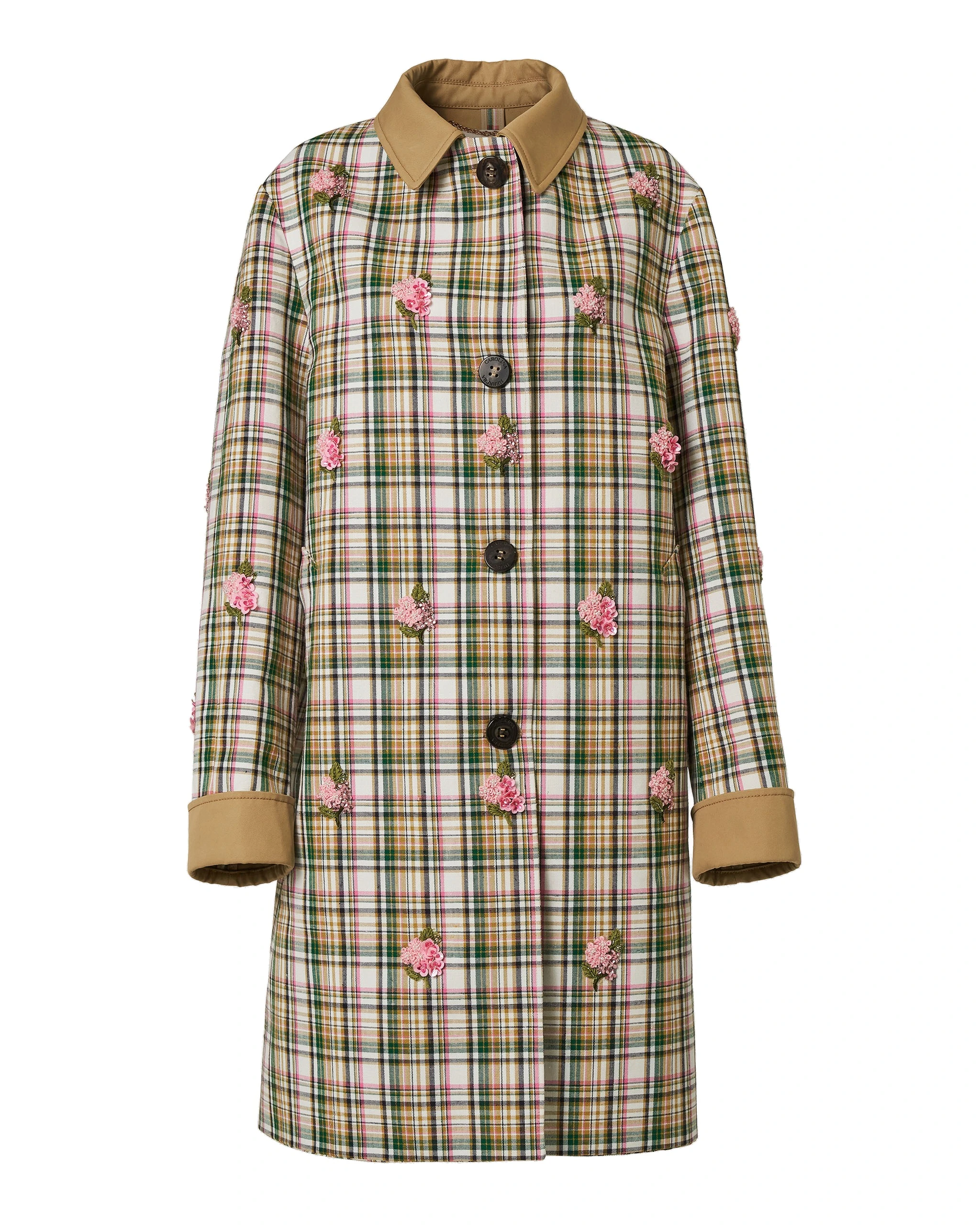 Carolina Herrera Floral-Embroidered Plaid Coat | Coats | Luxury Shoes Carolina Herrera Floral-Embroidered Plaid Coat