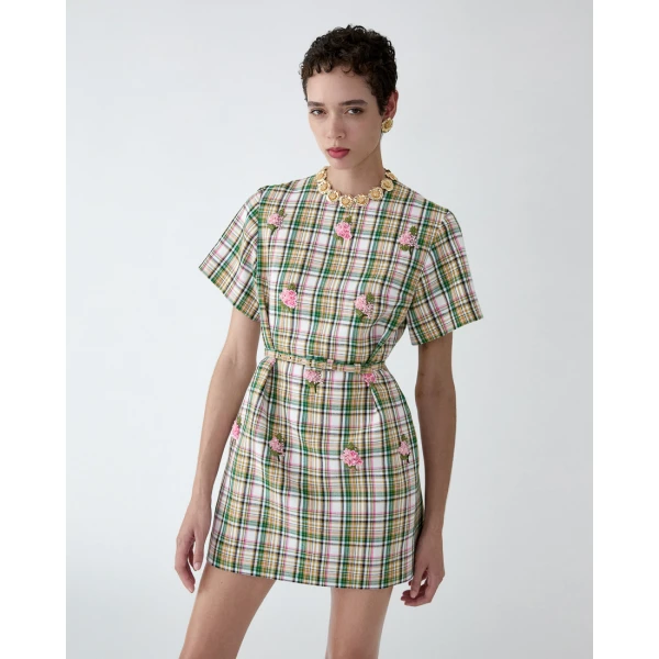 Carolina Herrera Floral-Embroidered Plaid Shift Dress, view 4