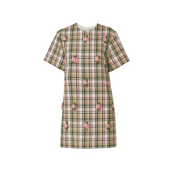Carolina Herrera Floral-Embroidered Plaid Shift Dress