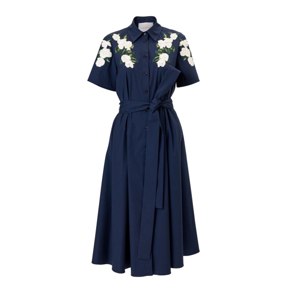 Carolina Herrera Floral-Embroidered Shirt Dress in Midnight