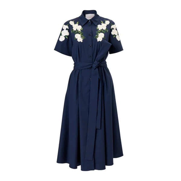Carolina Herrera Floral-Embroidered Shirt Dress in Midnight