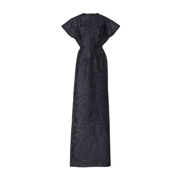 Carolina Herrera Floral Lurex Jacquard Fan Bodice Gown in Midnight