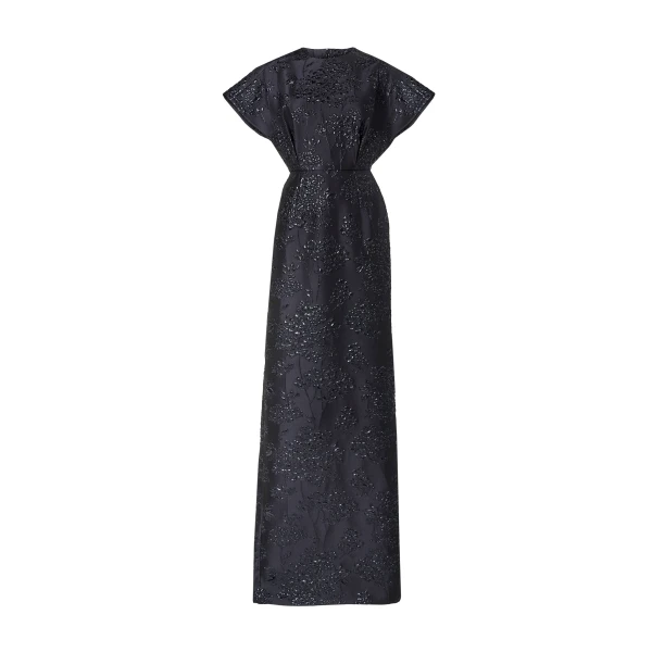 Carolina Herrera Floral Lurex Jacquard Fan Bodice Gown in Midnight
