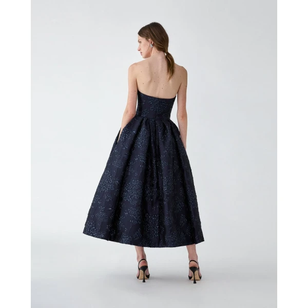 Carolina Herrera Floral Lurex Jacquard Strapless Dress in Midnight, view 3
