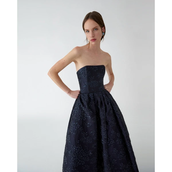 Carolina Herrera Floral Lurex Jacquard Strapless Dress in Midnight, view 4