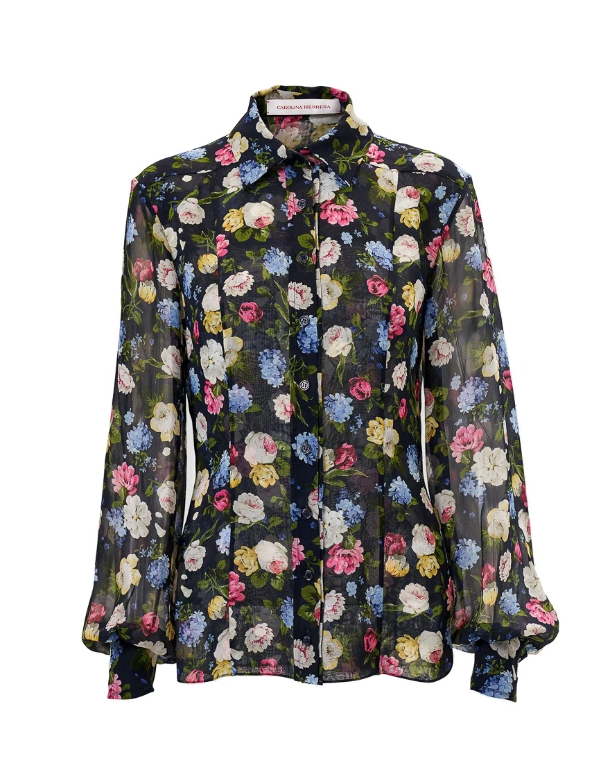 Carolina Herrera Floral-Print Chiffon Shirt | Tops | Luxury Shoes Carolina Herrera Floral-Print Chiffon Shirt
