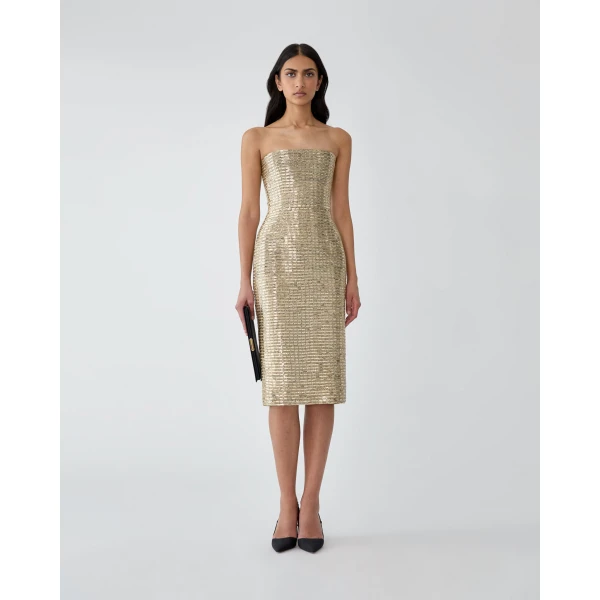 Carolina Herrera Gold-Embroidered Strapless Dress, view 2