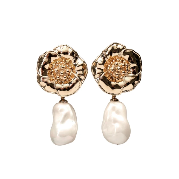 Carolina Herrera Gold Flower and Pearl Earrings