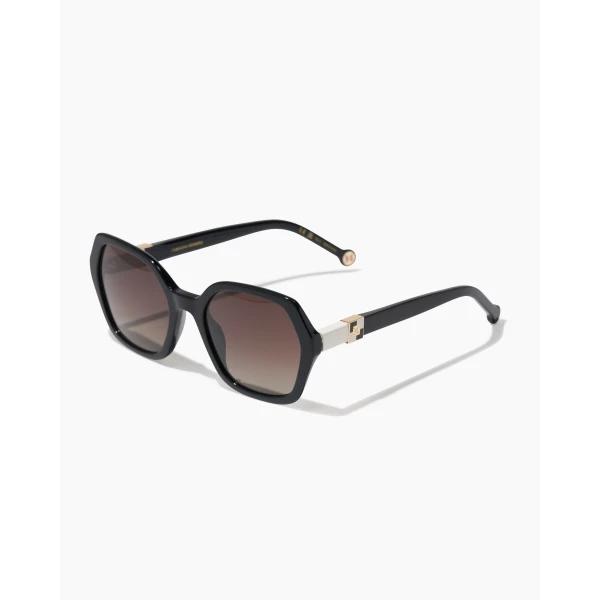 Carolina Herrera Hexagonal Frame Sunglasses with Checkerboard Detail in Black, view 2