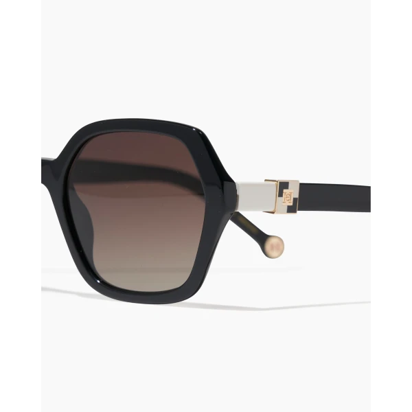 Carolina Herrera Hexagonal Frame Sunglasses with Checkerboard Detail in Black, view 3