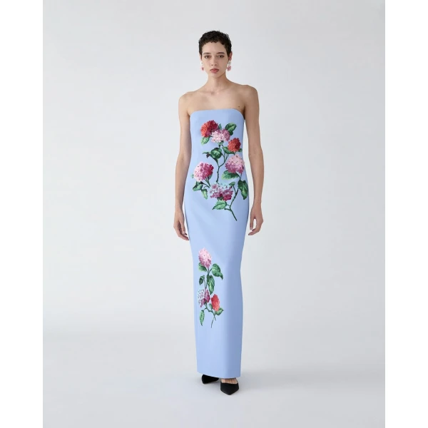 Carolina Herrera Hydrangea-Embroidered Column Gown in Cloudy Blue Mult, view 2