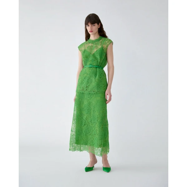 Carolina Herrera Hydrangea Lace Belted Top in Lawn Green, view 2