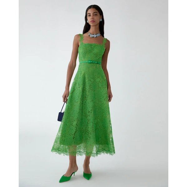Carolina Herrera Hydrangea Lace Midi Dress in Lawn Green, view 4